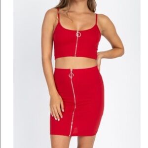 Red Silver Zipper Accent 2 Piece Skirt Set